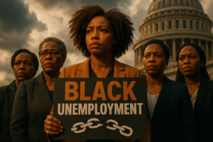 A realistic photojournalistic image of a diverse group of Black women in professional attire, looking concerned and determined, set against a backdrop of a government building with a cloudy sky, capturing the mood of uncertainty and resilience. Bright, contrasting colors with a focus on warm tones to evoke emotion. The lighting is dramatic, highlighting their faces. The composition follows the rule of thirds, drawing attention to their expressions. Include the text 'BLACK UNEMPLOYMENT' in a multi-line H2 'impact' font, with 'BLACK' in Bronze, 'UNEMPLOYMENT' in White, and a striking detail of a broken chain symbolizing lost opportunities.