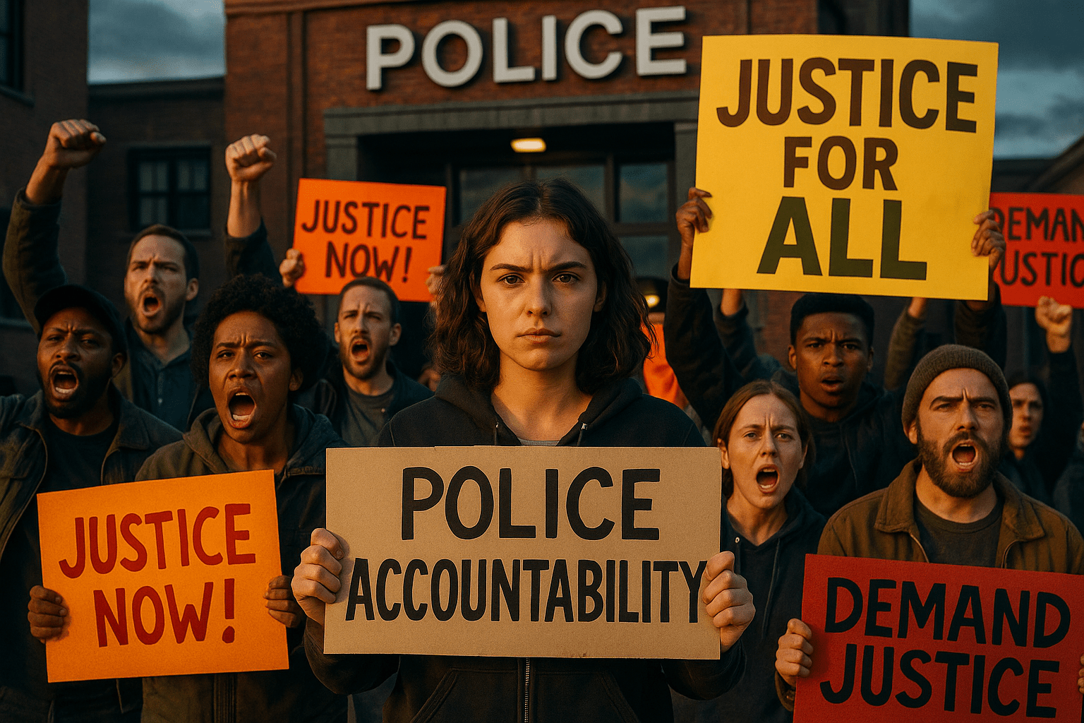 A realistic photojournalistic image of a diverse group of concerned citizens gathered in front of a police station, expressing frustration and demanding justice, with bright colors highlighting their signs and banners. The lighting is dramatic, capturing the intensity of the moment, using a DSLR camera to create a sharp focus on the emotional expressions of the crowd. The mood is tense yet hopeful, with a striking detail of a young woman holding a sign that reads 'POLICE ACCOUNTABILITY' in bold letters. The composition follows the rule of thirds, drawing the viewer's eye to the central figures while the background shows the police station. The high-impact phrase 'JUSTICE FOR ALL' is displayed in a multi-line H2 'impact' font, with 'JUSTICE' in Bronze, 'FOR' in White, and 'ALL' in Olive, ensuring the text stands out against the vibrant scene.