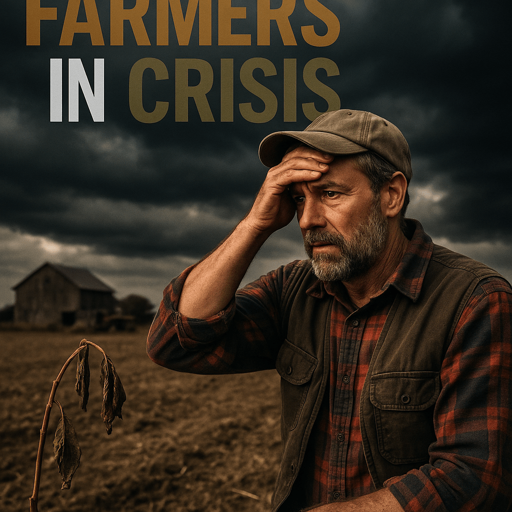 A realistic photojournalistic image of a distressed farmer standing in a barren field, looking worriedly at the horizon, with dark storm clouds looming overhead, capturing the emotional weight of financial struggles in agriculture. The lighting is dramatic, emphasizing the farmer's expression, shot with a DSLR camera to enhance detail and depth. The mood is somber yet hopeful, with a striking detail of a wilted crop in the foreground. The background features a blurred barn and farm equipment, symbolizing the fading agricultural landscape. 'FARMERS IN CRISIS' in a multi-line H2 impact font, with 'FARMERS' in Bronze, 'IN' in White, and 'CRISIS' in Olive, ensuring the text pops against the contrasting background.