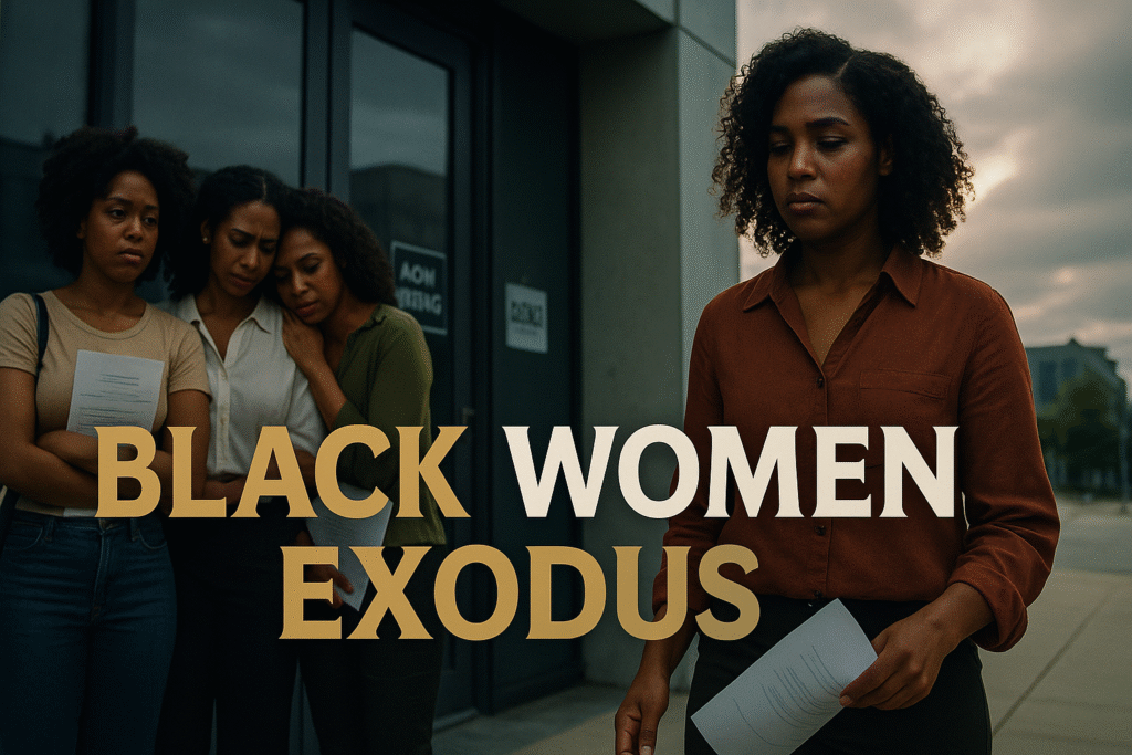 A group of Black women stand outside a modern office building under a cloudy sky, holding job applications with solemn, determined expressions. One woman in a bronze blouse steps forward, illuminated by soft sunlight, while the others stand together in solidarity before a faint “Now Hiring” sign. The text “BLACK WOMEN EXODUS” appears across the lower third in bronze, white, and olive tones.