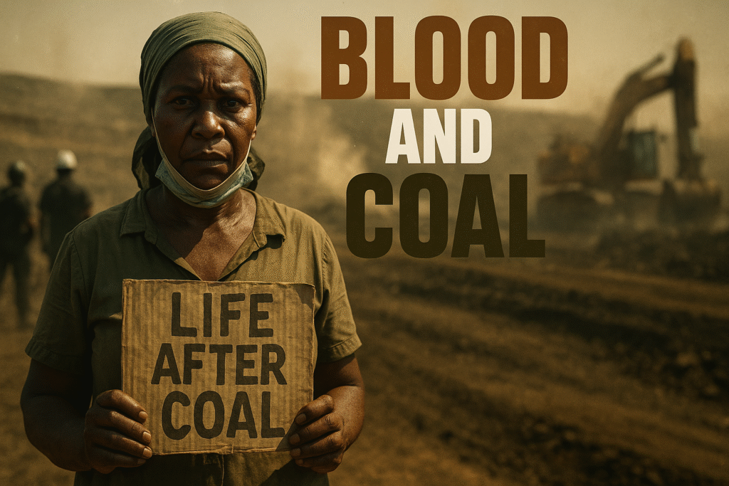 A Black South African environmental activist stands at the edge of a massive coal mine under a haze of dust and sunlight, holding a worn protest sign as mining guards and machinery blur in the background, symbolizing the deadly fight for environmental justice.