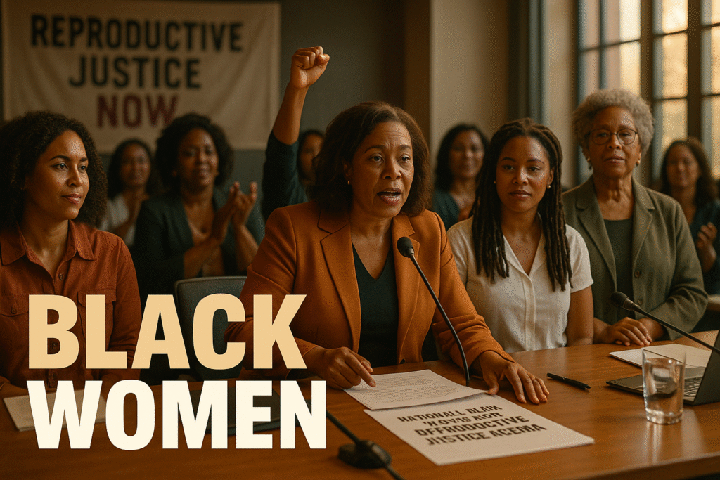 A photojournalistic scene of three Black women leaders in a community policy meeting bathed in golden-hour light. A woman in a bronze blazer speaks passionately at a microphone beside papers labeled “National Black Women’s Reproductive Justice Agenda,” flanked by two women in white and olive. Behind them, a banner reads “Reproductive Justice Now” as supporters look on. The bold overlay text reads “BLACK WOMEN RISE.”
