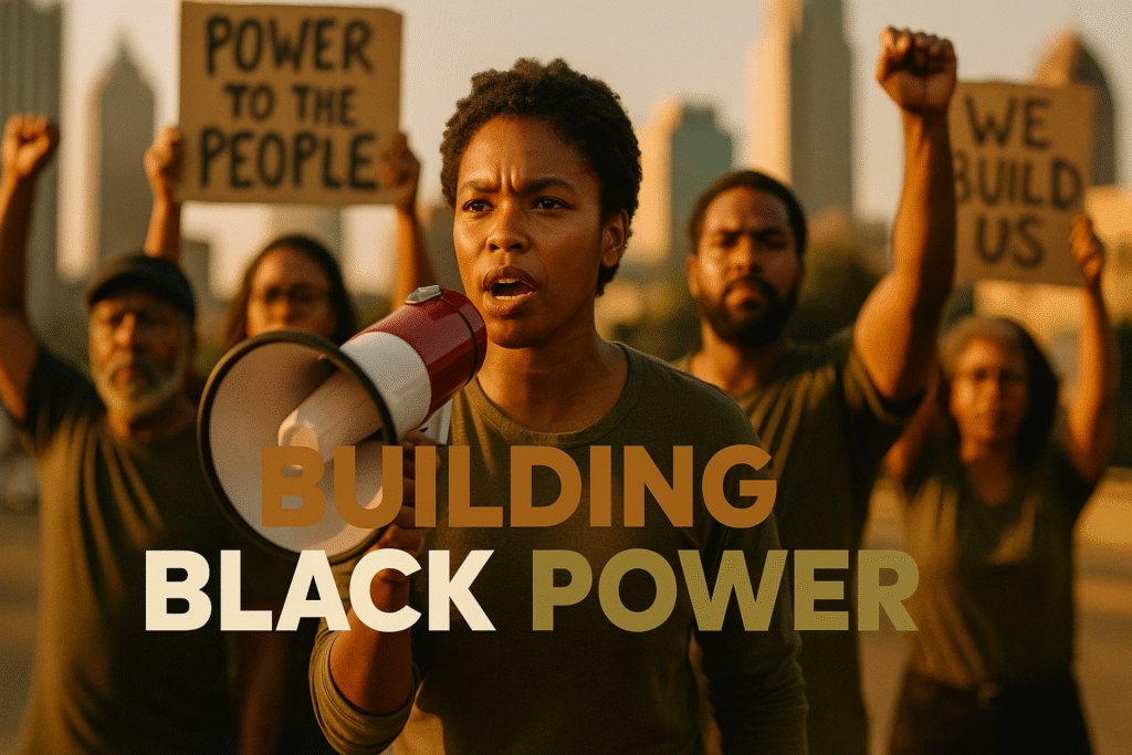 A young Black woman leads a rally with a megaphone as a diverse group of Black activists stand behind her in the golden-hour light. Their expressions are unified and determined, surrounded by raised fists and blurred protest signs reading “Power to the People.” The atmosphere feels hopeful and resolute, symbolizing solidarity and the movement to build lasting Black political power.