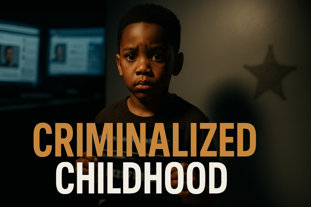 A young Black boy, about nine years old, sits under a harsh spotlight holding a blurred placard in what appears to be a mugshot scene. His wide, fearful eyes capture a sense of innocence and confusion. Behind him, blurred newsroom monitors display social media feeds and mugshots, while a faint sheriff’s badge glows on the gray wall. The bold text “CRIMINALIZED CHILDHOOD” overlays the image, with “CRIMINALIZED” in bronze and “CHILDHOOD” in white, symbolizing the exposure and stigma facing Black children in the justice system.