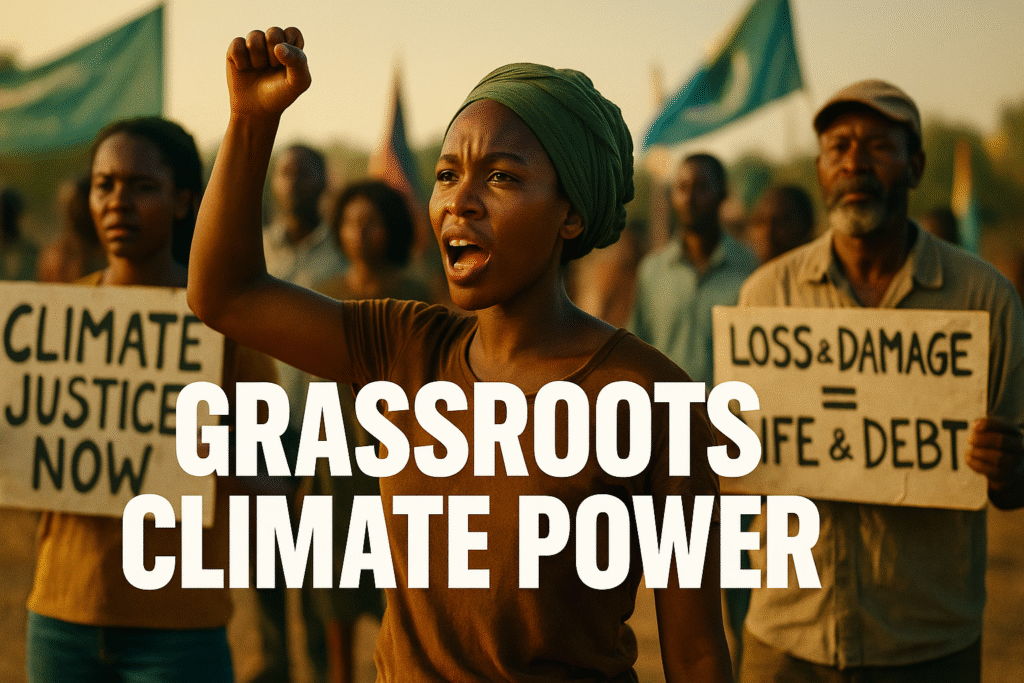A young African woman leads a climate justice protest on a dry field, raising her fist in determination as morning sunlight filters through a dusty haze. Behind her, other African activists hold hand-painted signs reading “Climate Justice Now” and “Loss & Damage = Life & Debt.” Faded banners wave in the background, and bold white text across the image reads “GRASSROOTS CLIMATE POWER.”