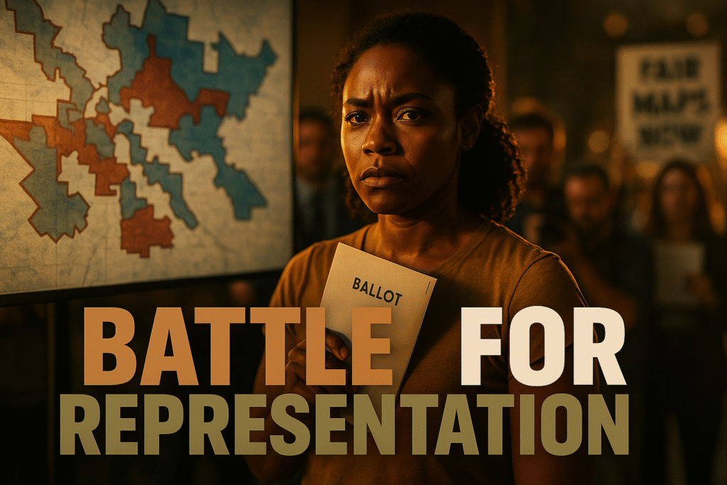A determined Black woman stands in front of a projected U.S. congressional district map, holding a ballot envelope close to her chest. The map behind her shows fragmented red and blue shapes symbolizing gerrymandered districts. Golden-hour light highlights her expression of resolve as blurred protesters and journalists hold signs reading “Protect Our Vote” and “Fair Maps Now.” The text overlay reads “BATTLE FOR REPRESENTATION” in bronze, white, and olive tones.