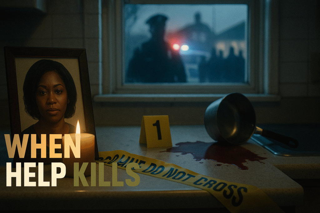 A framed photo of Sonya Massey rests beside a flickering candle and bloodstained countertop in a dimly lit kitchen, while a blurred police officer silhouette and flashing lights appear through the window — symbolizing loss, injustice, and the tragedy of calling for help.