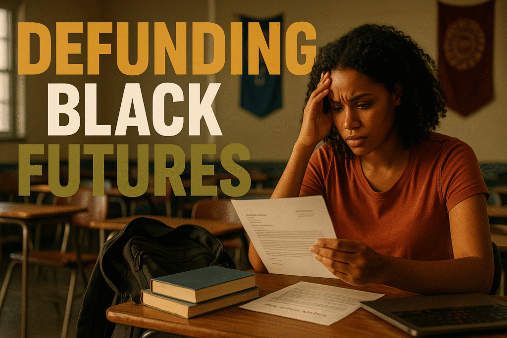 A young Black woman sits alone in a sunlit HBCU classroom, visibly distressed as she reads a financial aid letter. Her hand rests on her forehead while her laptop displays a blurred “Pell Grant Notice.” Textbooks and a backpack lie open on the desk beside her. The scene is warm-toned yet somber, symbolizing the emotional toll of financial barriers in higher education. Overlaid in bold white capital letters are the words “DEFUNDING BLACK FUTURES.”