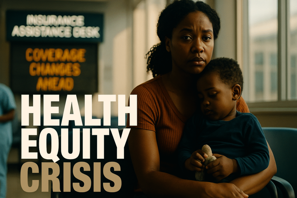 A weary but resolute Black mother sits in a hospital waiting room holding her small child, who rests quietly in her lap clutching a toy. Soft morning light filters through tall windows, illuminating their faces against a blurred background where a nurse or doctor of color reviews patient charts. A flickering “Insurance Assistance Desk” sign and a dim board reading “Coverage Changes Ahead” hint at systemic strain. Bold white text in the center reads “HEALTH EQUITY CRISIS.”