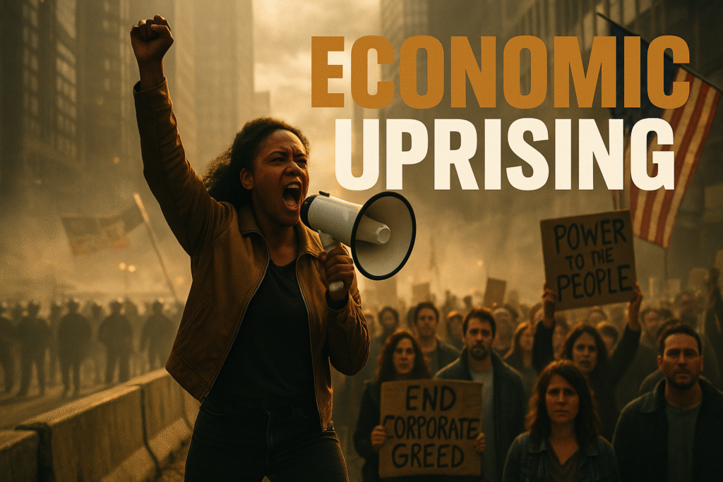 A powerful late-afternoon protest scene in a financial district shows a Black woman in a bronze jacket standing on a barricade, raising her fist while shouting through a white megaphone. Behind her, a diverse crowd holds signs reading “End Corporate Greed” and “Power to the People” as smoke and sunlight filter through skyscrapers, symbolizing resistance and solidarity under the bold text “ECONOMIC UPRISING.”