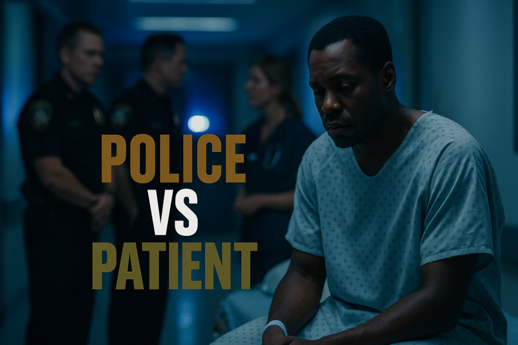 A weary Black man in his mid-30s sits on a hospital gurney in a dim, cool-toned corridor. He wears a light blue hospital gown and a wristband, his gaze cast downward in quiet reflection. Behind him, slightly blurred, two police officers speak with a doctor under cold fluorescent lights. The scene conveys tension and vulnerability, with the white bold text “POLICE VS PATIENT” centered across the image.