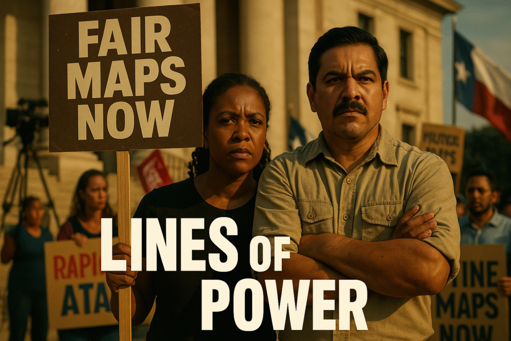 A Black woman and a Latino man stand united outside a Texas government building during a redistricting protest. The woman holds a “Fair Maps Now” sign while the man crosses his arms resolutely. Behind them, blurred protesters and Texas flags emphasize a fight for representation. The warm bronze light and serious expressions convey determination and solidarity under the phrase “LINES OF POWER.”
