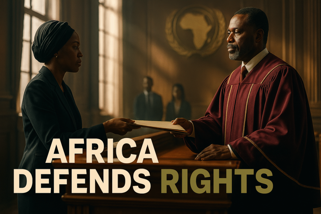 A Black male judge in maroon robes stands at a wooden courtroom bench, receiving a document from a Black woman lawyer wearing a dark suit and headwrap. Warm morning light filters through tall windows, illuminating the scene. The blurred background shows two observers and a golden African emblem on the wall. Bold text in bronze, white, and olive reads “AFRICA DEFENDS RIGHTS” across the lower portion of the image.