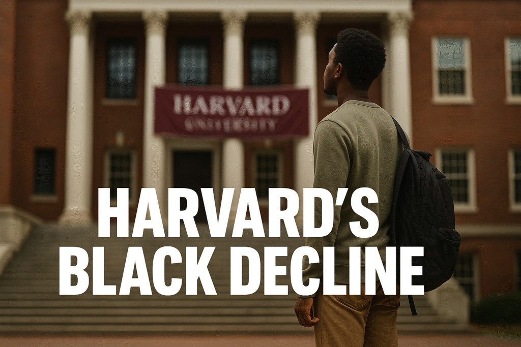 A young Black male student stands alone at the base of Harvard University’s red-brick steps, gazing up at the building’s white columns. He holds a backpack by his side, his posture conveying uncertainty and quiet determination. Bold white text across the center reads, “HARVARD’S BLACK DECLINE.” The muted, overcast light creates a somber academic mood reflecting the decline in Black student enrollment.