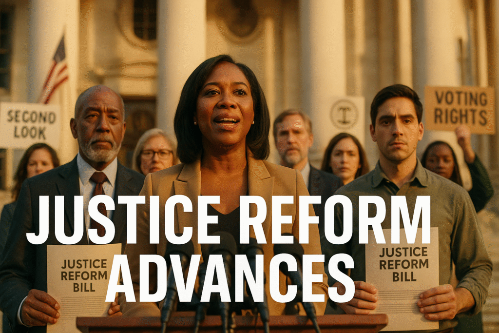 A Black woman legislator stands at a podium on courthouse steps during golden hour, addressing a press conference on justice reform. Beside her, an older Black man and a young Latino activist hold “Justice Reform Bill” documents as diverse supporters stand behind them holding signs reading “Voting Rights” and “End Mass Incarceration.” White text overlays the image reading “JUSTICE REFORM ADVANCES.”
