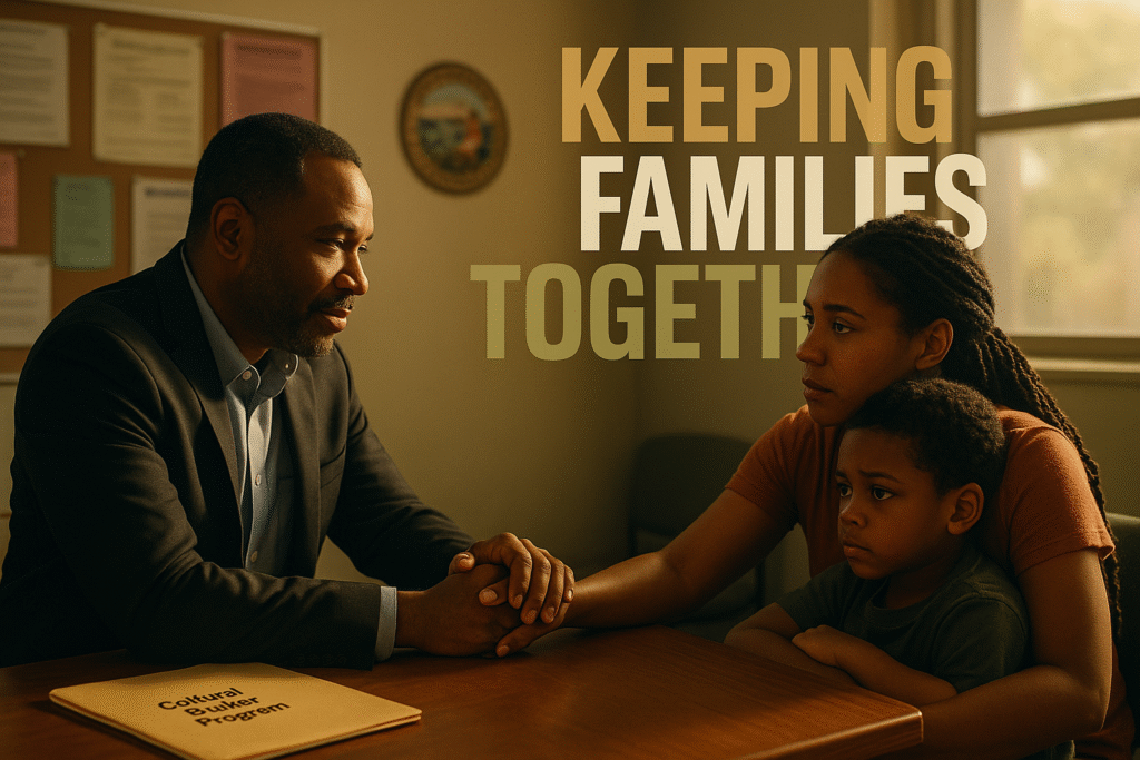 A Black cultural broker and a mother sit across from each other in a warm, softly lit Sacramento office. The broker’s hand rests gently over hers as her young son leans close, symbolizing trust and connection. A folder labeled “Cultural Broker Program” rests on the table, and the words “KEEPING FAMILIES TOGETHER” appear in bold Impact font behind them, reflecting hope and advocacy in child welfare reform.