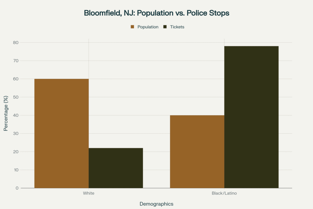 Comparison chart showing Bloomfield, New Jersey police profiling data. Two grouped bars compare population demographics versus traffic tickets issued. White residents are 60% of population but receive only 22% of tickets. Black and Latino residents are 40% of population but receive 78% of tickets. Bronze bars represent population percentages, dark olive green bars represent traffic ticket percentages. Chart demonstrates extreme disparity in police enforcement.