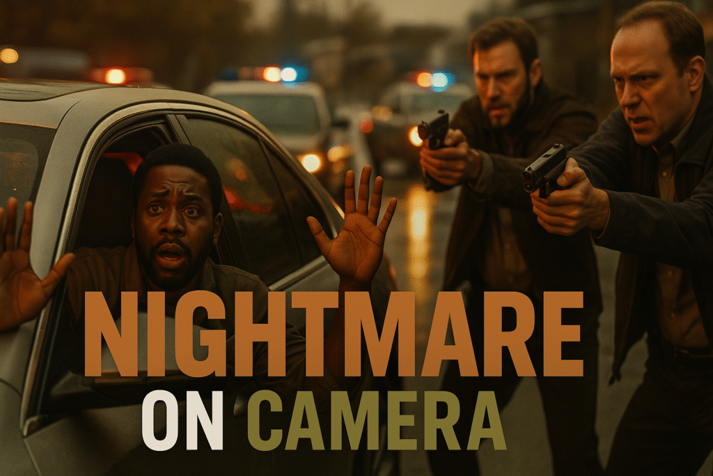 A terrified Black man raises his hands inside a silver car surrounded by unmarked police vehicles. Two plainclothes white officers aim guns at him under flashing red and blue lights reflected on wet asphalt. The tense, cinematic scene captures fear and injustice as text overlays read “NIGHTMARE ON CAMERA” in bronze, white, and olive tones.
