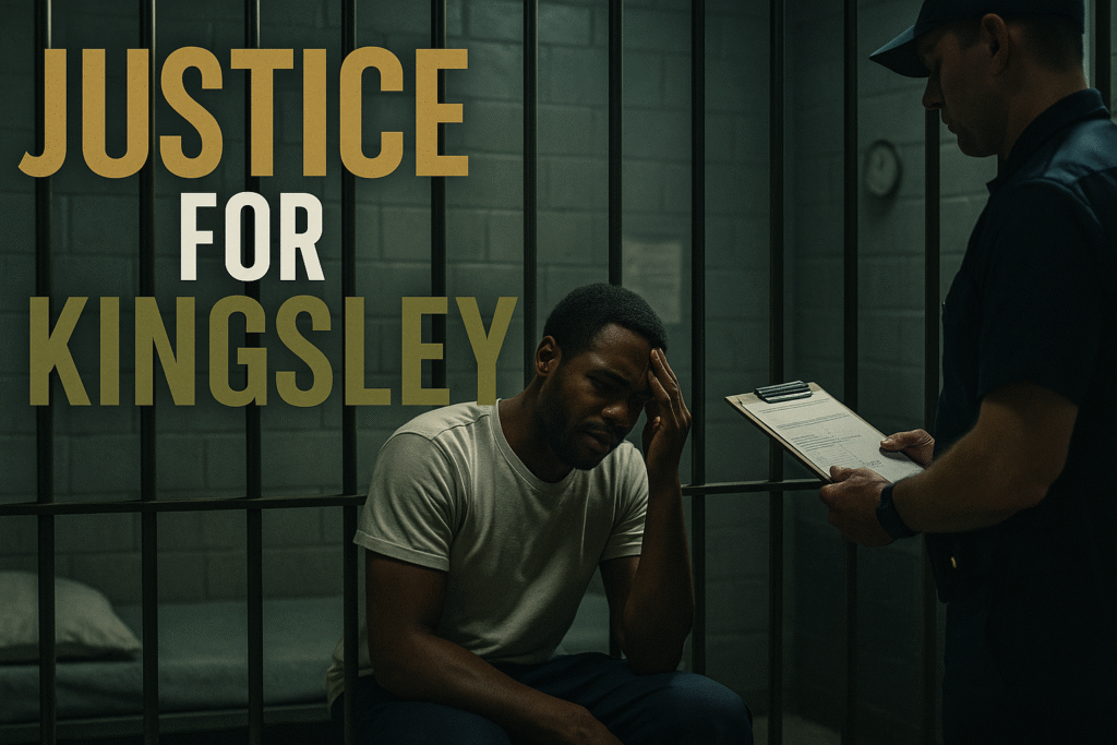 African American man sits in a dim jail cell holding his head in pain while a guard looks away, text reads “Justice For Kingsley.”