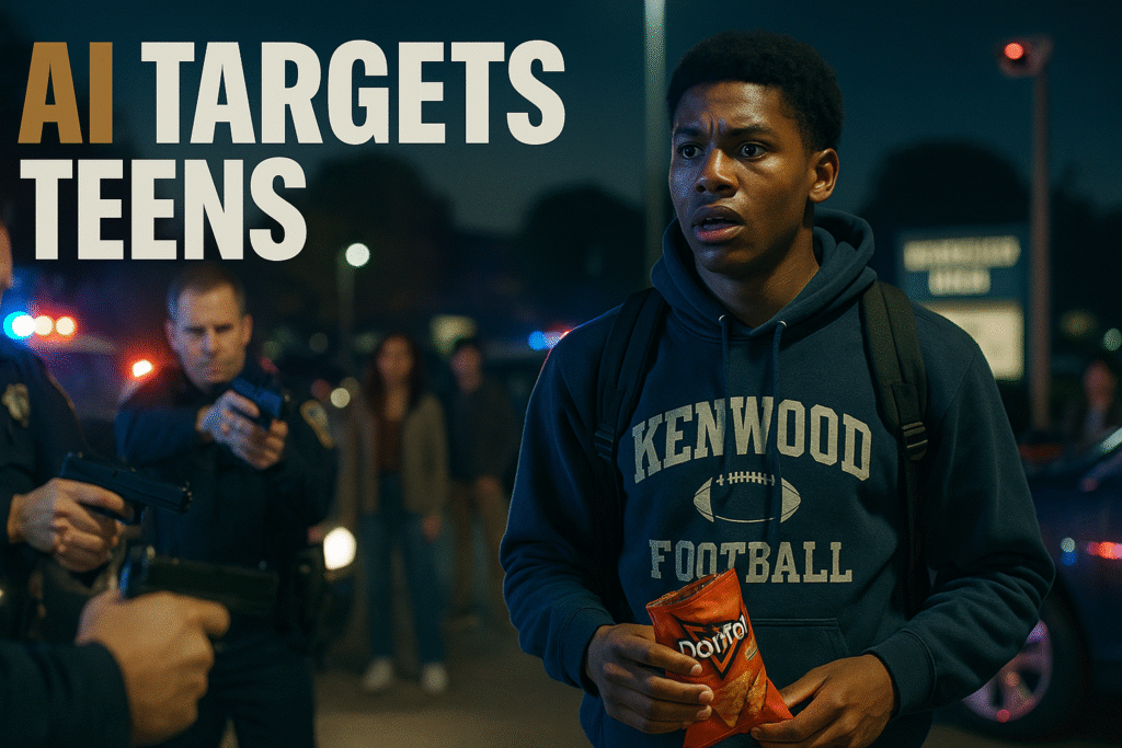 A frightened Black teen in a school hoodie stands in a high school parking lot at night holding a crumpled orange Doritos bag as police officers surround him with guns drawn. Flashing red and blue patrol lights reflect across cars and a security camera glows red in the background. The teen looks stunned and afraid while onlookers watch in horror. Text reads “AI TARGETS TEENS.”