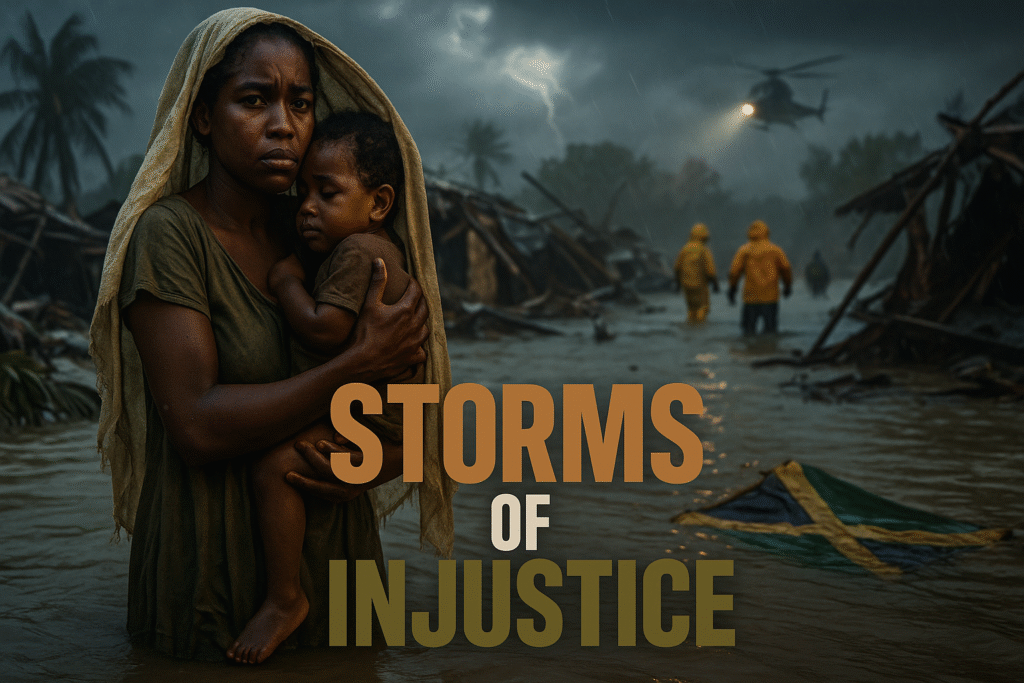 A Black Jamaican mother stands barefoot in waist-deep floodwater, clutching her child beneath a torn cloth as lightning flashes above and a tattered Jamaican flag drifts nearby. Behind her, emergency responders in rain gear move through storm wreckage illuminated by a helicopter’s spotlight — a haunting image of resilience amid the devastation of Hurricane Melissa.