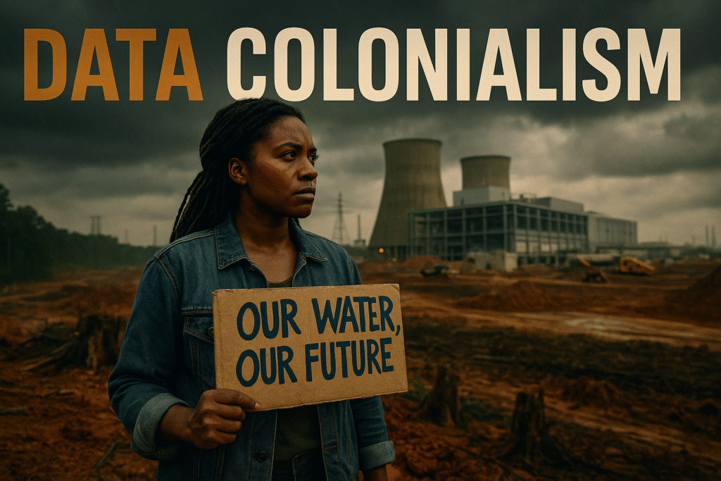 A Black environmental justice activist stands in front of a stormy Alabama construction site, holding a cardboard sign reading “Our Water, Our Future” as unfinished cooling towers and red clay surround her. The image captures determination and resistance against environmental racism and technological exploitation, framed under moody bronze and olive lighting.