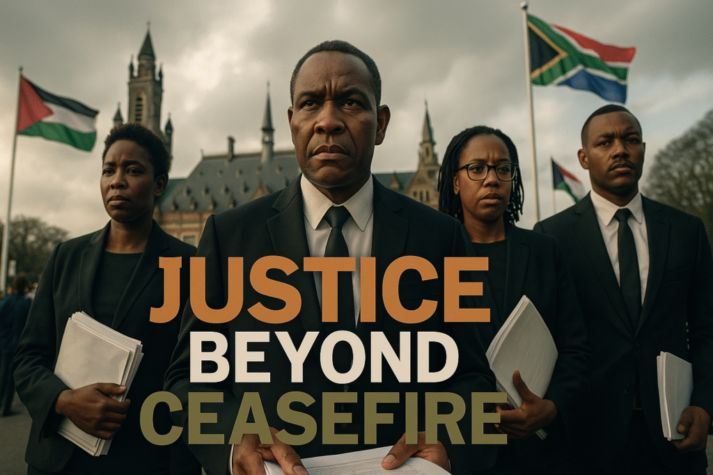 South African lawyers of African descent stand determined outside the International Court of Justice in The Hague, holding legal documents as sunlight breaks through overcast clouds. Behind them, blurred South African and Palestinian flags wave side by side, symbolizing solidarity and justice beyond the ceasefire. The scene is cinematic, photorealistic