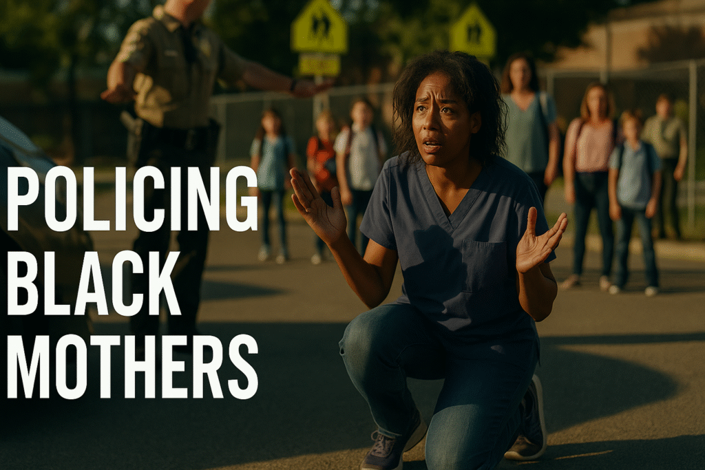 An African American mother wearing scrubs kneels beside a car in a school parking lot at sunset, her hands raised halfway in confusion and fear. A blurred sheriff’s deputy stands behind her with an arm extended in command. In the background, parents and children watch behind a chain-link fence under bright yellow school crossing signs. Long shadows stretch across the pavement, highlighting the tension and public exposure of the moment. The bold white text “POLICING BLACK MOTHERS” appears on the left side of the image.