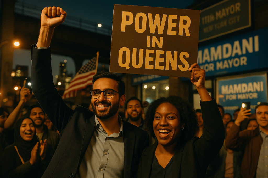 A jubilant South Asian man resembling Zohran Mamdani raises his fist beside a smiling Black woman holding a bronze “POWER IN QUEENS” sign during a lively election night celebration in Queens, New York. Behind them, a cheering multicultural crowd waves flags and phones under warm streetlights near “Mamdani for Mayor” banners.