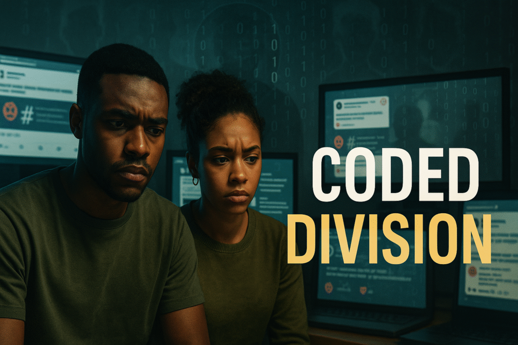A young Black man and woman sit close together in a dim, tech-lit room surrounded by glowing screens displaying angry emojis, hashtags, and distorted headlines. The faint image of a digital eye looms behind them, symbolizing algorithmic surveillance. Their worried faces reflect the emotional toll of online disinformation targeting Black communities. AI-generated image.