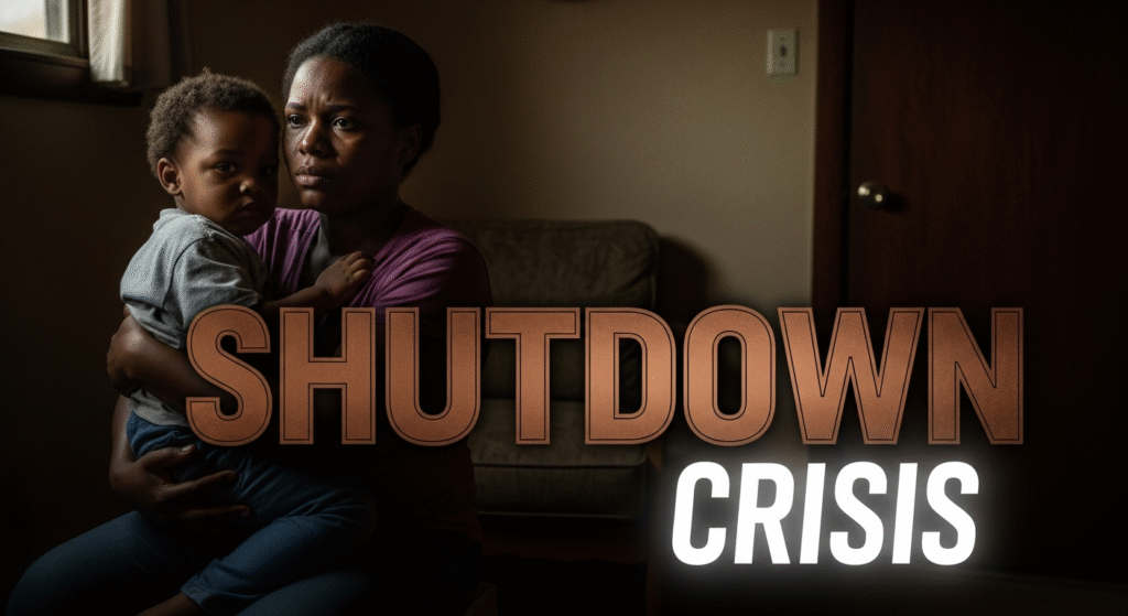 A photojournalistic style image of a Black mother holding her young child, both looking with somber determination, in a dimly lit, humble living room. The mother's brow is furrowed with worry, but her embrace of the child is firm, conveying resilience amidst financial strain. The subjects are positioned off-center, adhering to the rule of thirds, with soft light falling on their faces from an unseen window. Dramatic, low-key lighting creates deep shadows and highlights. Shot on a wide-angle lens with a gritty film stock aesthetic, capturing raw, authentic emotion. Dominant earthy tones in the room are contrasted by subtle pops of warmth on their skin tones and clothing. The entire canvas is utilized, with no borders. Prominently displayed, centrally located and outside of the 20% safe zone from all margins, is the multi-line H2 'impact' font text. The first word 'SHUTDOWN' appears in large, bold BRONZE letters, given a raised, metallic effect to pop from the background. Below it, 'CRISIS' is rendered in slightly smaller, bright WHITE letters, also in ALL CAPS, with a subtle glow for contrast.