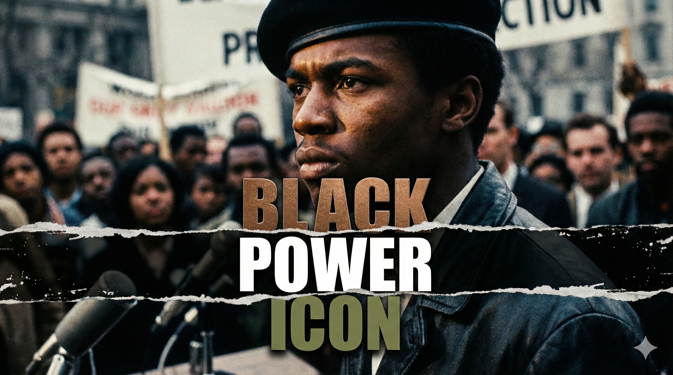 A photojournalistic style image, a close-up, dynamic portrait of a young H. Rap Brown, featuring his resolute, slightly defiant expression and intense gaze, centered for maximum impact with his eyes aligned on the upper third, against a blurred background suggesting the energy of a 1960s civil rights gathering. Dramatic, high-contrast chiaroscuro lighting highlights his features, captured with a 35mm film camera and a wide-angle lens, conveying a powerful and legendary mood. The words 'BLACK' in bold bronze, 'POWER' in bold white, and 'ICON' in bold olive are layered prominently in a multi-line impact font, each word appearing to 'pop' from the background with distinct visual separation elements, adjusted for optimal visual balance and scale, ensuring all text remains within an 80% safe zone from all margins. The image fills the entire canvas with rich, deep, desaturated color tones.