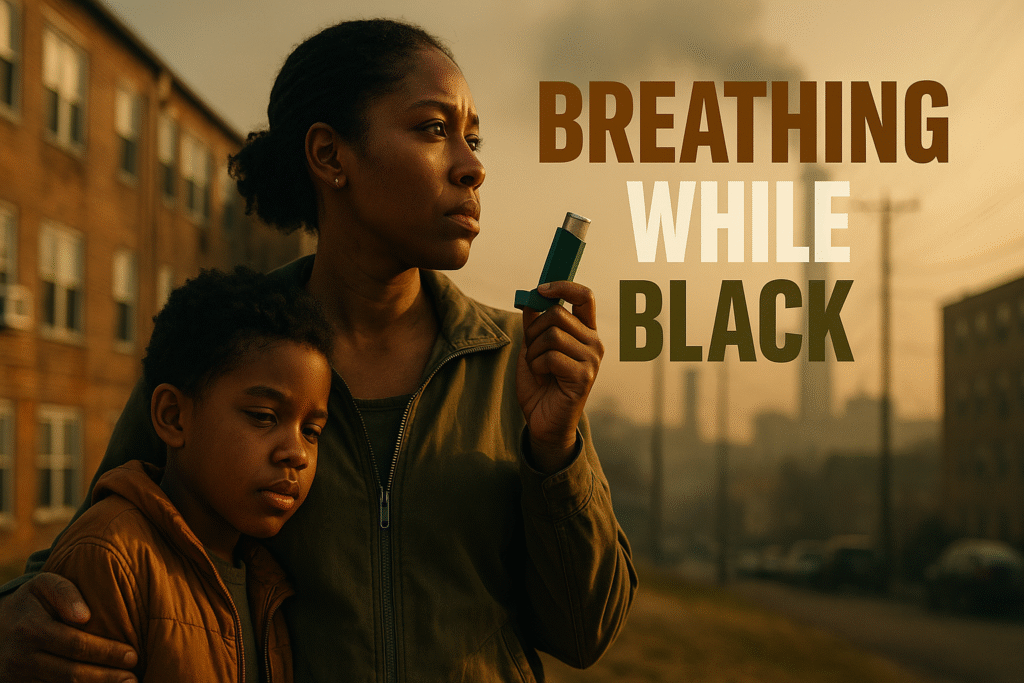 A Black mother holds an inhaler as her young son leans against her outside a Mount Vernon apartment complex. Industrial smokestacks rise in the hazy background, illuminated by bronze sunlight filtering through pollution. The words “BREATHING WHILE BLACK” appear in bold contrasting colors, symbolizing resilience and the struggle for environmental justice amid systemic neglect.