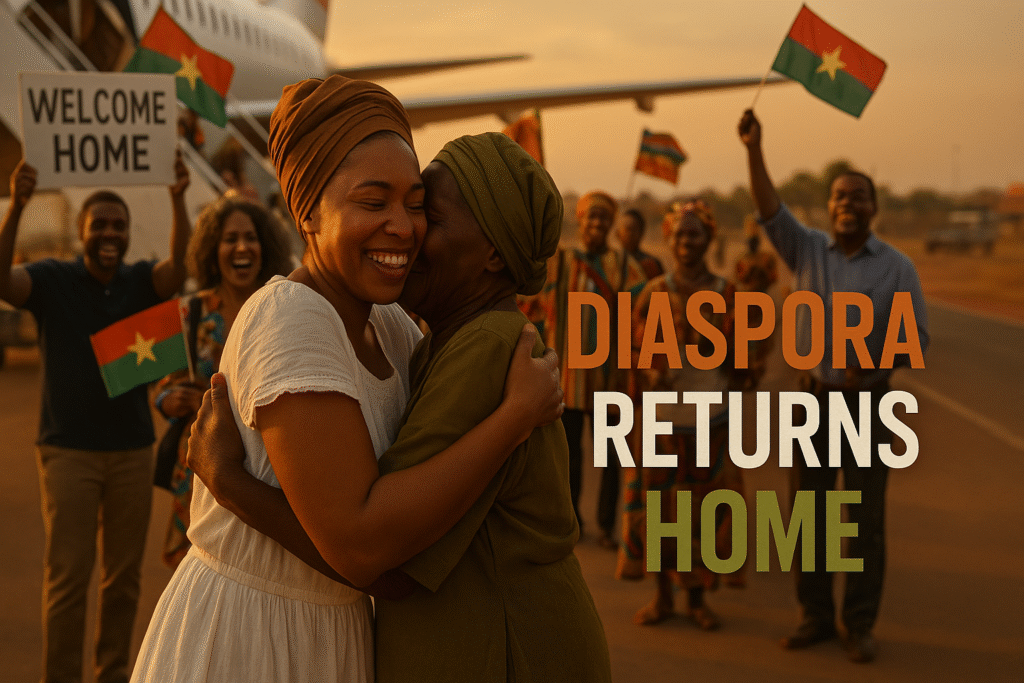A Black woman in a white dress embraces an elderly woman in olive clothing on a sunlit runway in Burkina Faso as smiling diaspora returnees wave Burkina Faso flags and hold “Welcome Home” signs behind them, celebrating a historic ancestral homecoming at golden hour.