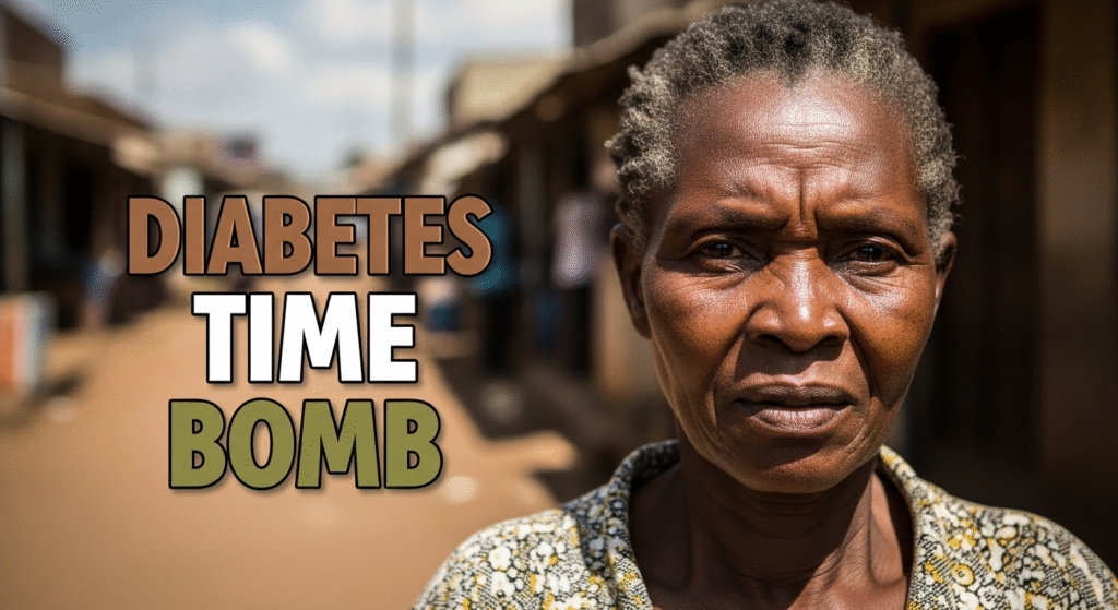 A photojournalistic style image of an older African woman, her face etched with a mix of concern and resilience, looking directly at the viewer, conveying the urgency of a health crisis. The background is a softly blurred, bustling urban African street scene, subtly hinting at the challenges of modern life and limited resources. Cinematic lighting with strong, high-contrast natural sunlight accentuates her features and creates dramatic shadows. Shot on a professional DSLR camera with a wide aperture for a shallow depth of field to emphasize her. The overall mood is somber and urgent. The entire canvas is utilized, with no borders or blank areas. Bright, contrasting colors of earthy tones, ochres, and warm browns dominate the scene. In the central area of the image, clearly outside a 20% safe zone from all margins, is a multi-line H2 'impact' font text overlay: The first line is 'DIABETES' in ALL CAPS, a vibrant Bronze color, bold and with a subtle three-dimensional effect that makes it pop from the background. The second line is 'TIME' in ALL CAPS, a brilliant White color, bold and with a subtle three-dimensional effect that makes it pop from the background. The third line is 'BOMB' in ALL CAPS, an Olive color, bold and with a subtle three-dimensional effect that makes it pop from the background. The sizes of 'DIABETES', 'TIME', and 'BOMB' are adjusted for optimal visual balance.