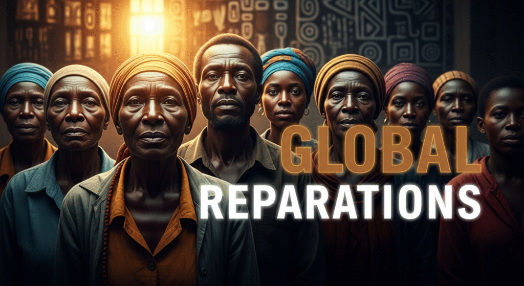 A photojournalistic style image capturing the essence of global reparations for the African diaspora. The central focus is on a group of diverse individuals of African descent, including elderly and young faces, with expressions of unwavering determination and hopeful resilience, looking directly at the viewer. They are thoughtfully arranged using the rule of thirds, creating a sense of unity and strength. The background features an abstract, blurred, rich tapestry of interconnected patterns inspired by traditional African art and textiles, symbolizing deep heritage and global unity. The lighting is dramatic chiaroscuro, with golden hour sunrays breaking through to cast warm, hopeful highlights on faces, shot with a wide-angle DSLR to create an immersive feel. The mood is powerful, urgent, dignified, and hopeful. The entire canvas is filled with vibrant, contrasting colors, emphasizing rich earth tones and deep blues and greens that pop vividly. Overlayed, ensuring it remains outside of a 20% safe zone from all margins, is the phrase 'GLOBAL' in a prominent, multi-line 'impact' font, colored Bronze, appearing slightly larger and above 'REPARATIONS', which is directly below it in the same 'impact' font, colored White. Both words are in ALL CAPS, with an embossed, subtle glow effect that makes them visually "pop" and separate distinctly from the background for optimal visual balance and high contrast.