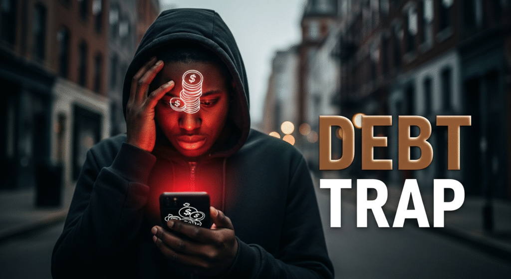 A photojournalistic style image of a distressed-looking mid-adult Black individual holding a smartphone in an urban Baltimore setting, their face illuminated by an anxious red glow from the phone screen displaying abstract financial symbols suggesting overwhelming debt. The background, softly blurred, features characteristic Baltimore architecture under a stark, low-key lighting scheme with high contrast, emphasizing shadows and highlights. Shot with a wide-angle lens at eye-level, the composition employs the rule of thirds, placing the subject slightly off-center, with leading lines from the urban environment drawing focus to them. The mood is urgent and concerned, visually impactful with dark urban tones contrasted by the glowing screen and text. Overlaid prominently, outside a 20% safe zone from all margins, is the multi-line Impact font text: 'DEBT' in large, Bronze, popping out with a subtle glow, and below it, 'TRAP' in slightly smaller, White, also popping out with a subtle glow.