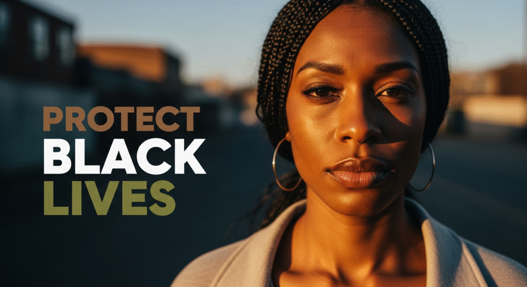 A photojournalistic style image, close-up portrait of a resilient Black trans woman, mid-30s, with a strong, determined gaze directed at the viewer, conveying a sense of hope and urgency, positioned according to the rule of thirds. The background is a softly blurred, warm, bustling urban community scene, illuminated by dramatic, high-contrast golden hour sunlight casting defined shadows to emphasize depth and strength. Shot with a 50mm prime lens, shallow depth of field, with sharp focus on her eyes. On the image, prominently placed and arranged vertically on separate lines, ensuring all text elements remain outside a 20% safe zone from all margins, is the text 'PROTECT' in ALL CAPS, bronze color, bold impact font, with a slight 3D relief effect to make it pop from the background. Immediately below it, the word 'BLACK' in ALL CAPS, white color, bold impact font, larger than 'PROTECT', with a slight 3D relief effect to make it pop from the background. Immediately below it, the word 'LIVES' in ALL CAPS, olive color, bold impact font, balanced in size with 'BLACK', with a slight 3D relief effect to make it pop from the background. The image features rich, complementary colors and strong luminosity and saturation contrast throughout the entire canvas, with no borders or blank areas.