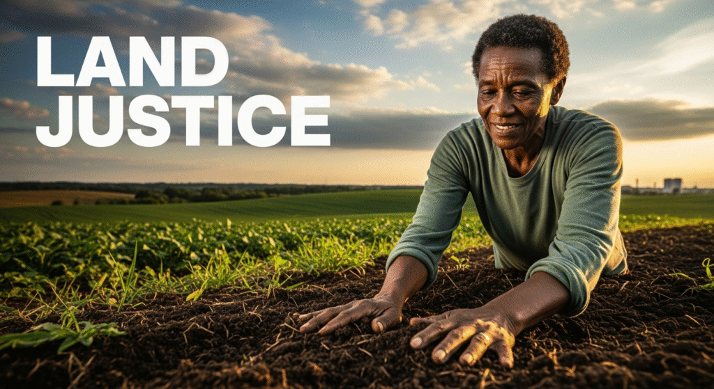 A photojournalistic style image of a resilient, determined Black farmer, mid-shot, standing in their lush, fertile farmland in rural North Carolina during golden hour. The farmer, with a weathered yet hopeful expression, has their hands gently touching rich, dark soil in the foreground, signifying deep connection and stewardship. In the background, rolling fields extend under a dramatic sky with soft, warm light, subtly hinting at distant environmental challenges or industrial structures on the horizon, yet overpowered by the vibrant agricultural scene. The composition utilizes the rule of thirds, placing the farmer slightly off-center for dynamic impact. High contrast and a rich color palette of earthy greens, deep browns, and warm golden hues dominate the scene, making the image pop. Bold white text, 'LAND JUSTICE', is integrated dramatically and legibly across the upper portion of the image, enhancing the powerful message. Entire canvas utilized, no borders.