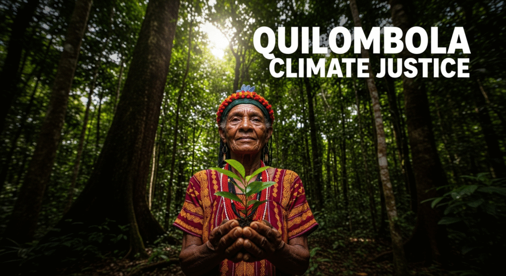 A photojournalistic style image of a dignified Afro-Brazilian quilombola elder, their face etched with resilience and wisdom, looking directly into the camera with a determined, hopeful expression. They stand prominently in the foreground, composed using the rule of thirds, amidst the vibrant, dense Amazon rainforest, with leading lines of ancient trees guiding the eye towards them. Dappled sunlight filters through the lush canopy, creating high contrast between light and shadow, illuminating their traditional, richly colored attire and emphasizing their dark skin tones against the verdant backdrop. A striking detail: their powerful hands are firmly holding a small, vibrant green sapling, symbolizing their role as 'invisible guardians of biodiversity' and climate solutions. Shot with a wide-angle lens from a slightly low angle to convey stature and connection to the vast environment. The overall mood is one of ancestral strength, deep connection to nature, and urgent environmental justice. The bold, dramatic text "QUILOMBOLA CLIMATE JUSTICE" is integrated prominently into the upper portion of the image, clearly legible against the natural background.