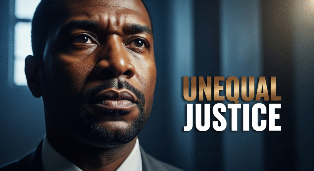 A photojournalistic style image of a powerful, close-up portrait of a determined-looking Black man in his 40s, with a serious yet resolute expression, his eyes fixed forward, symbolizing both the burden of unjust sentences and the fight for reform. The scene is imbued with a mood of urgent, somber hope and strong determination. Dramatic chiaroscuro lighting highlights the contours of his face, casting deep, purposeful shadows and a subtle rim light, against a subtly blurred background suggestive of institutional walls or a courthouse interior. The image uses a wide-angle lens, slight depth of field, with the face sharply in focus, filling the canvas with no borders. A high contrast color palette features deep blues and muted grays in the background, complementing his warm, natural skin tones. In the central area, outside a 20% safe zone from all margins, the words 'UNEQUAL JUSTICE' appear in a bold, impactful, multi-line font, subtly integrated as if etched or projected onto a background surface, giving them a slight dimensionality to pop from the background. 'UNEQUAL' is rendered in bronze, and 'JUSTICE' in white, all words in ALL CAPS, with their sizes adjusted for optimal visual balance.
