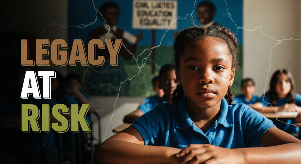A photojournalistic style image, medium close-up of a young African American girl, about 9 years old, with a determined and slightly pensive expression, sitting at a classic wooden school desk. Her eyes are direct, holding a mix of resilience and quiet concern. Behind her, a diverse group of other students are blurred in a brightly lit classroom, and a faded mural of a civil rights protest for education equality subtly occupies the background, showing faint cracks and discoloration. Dramatic, high-contrast natural sunlight streams from a window, sharply illuminating her face and creating soft shadows. Shot with a professional mirrorless camera, wide aperture, capturing the poignant and urgent mood. On the left side of the frame, positioned within the central 60% of the canvas to maintain a 20% safe zone from all margins, the words 'LEGACY' in bold bronze, 'AT' in bold white, and 'RISK' in bold olive are stacked vertically using a prominent multi-line 'impact' font. 'LEGACY' and 'RISK' are significantly larger than 'AT'. Each word is in ALL CAPS and visually pops from the background with a strong dark outline and a subtle 3D relief, creating clear separation. The entire canvas is used, with rich, contrasting colors and no borders or blank areas.