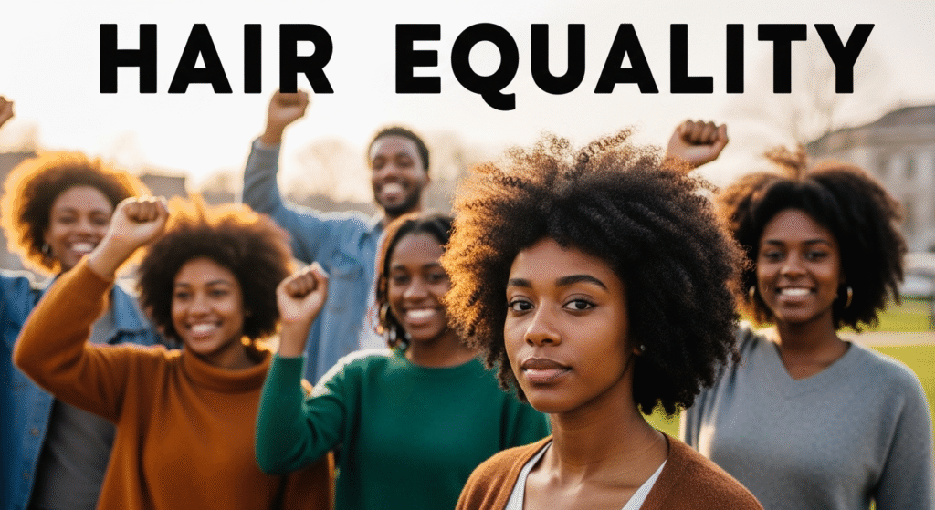 A photojournalistic style image capturing a powerful moment of diverse Black women and girls proudly displaying their natural hairstyles—afros, locs, braids—with confident and hopeful expressions. The main subject should be a young Black woman in the foreground, looking directly at the viewer with an unwavering gaze, her natural hair prominently featured and beautifully detailed. Behind her, a diverse group of Black individuals, also smiling and confident, celebrate this newfound freedom and dignity in a community setting, possibly a public park or near a government building, implying progress and unity. The scene is bathed in soft, warm golden hour sunlight, casting gentle highlights on their hair and faces, creating an empowering and uplifting mood. Shot with a prime lens (e.g., 50mm f/1.4) for a shallow depth of field, emphasizing the central figure while maintaining the context of the supportive community. The composition uses the rule of thirds, with the main subject's face slightly off-center for dynamic appeal. Vibrant and earthy tones (browns, golds, greens) dominate, with pops of brighter colors in their clothing, contrasting against a slightly blurred background to make the subjects stand out. The bold, integrated headline "Hair Equality" appears dramatically across the upper portion of the image, complementing the scene without obstructing key details, conveying a powerful message of justice and acceptance.