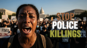A photojournalistic style image of a determined African American woman protestor, mid-scream, her face etched with sorrow and fierce defiance, looking directly at the viewer, her eyes conveying raw emotion. She is framed on the left side of the canvas, her upper body filling the mid-ground. The background is a slightly blurred, dense crowd of diverse protestors holding signs in front of iconic D.C. federal architecture, suggesting a powerful rally at sunset. Dramatic, harsh late afternoon sunlight casts long shadows and highlights, emphasizing textures and sweat on her face, creating a mood of urgent resistance. Captured with a wide-angle 24mm lens, from a slightly low angle, with a shallow depth of field focusing sharply on her face. Vibrant colors from protest signs and clothing pop against the muted grey and stone tones of the urban backdrop. On the right side of the canvas, prominently displayed outside the 20% safe zone from margins, are the words 'STOP POLICE KILLINGS' in a bold, multi-line 'impact' font. Each word appears raised or embossed with a subtle glowing outline to dramatically separate it from the background. The word 'STOP' is in Bronze, 'POLICE' in White, and 'KILLINGS' in Olive, with 'KILLINGS' being significantly larger than 'POLICE', and 'POLICE' larger than 'STOP', adjusted for optimal visual balance.