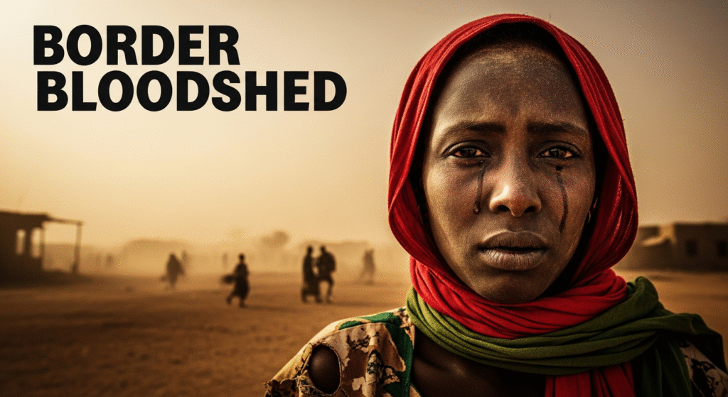 A photojournalistic style image of a Sudanese woman with a deeply sorrowful yet resilient expression, her face streaked with dust and a single tear, framed by the desolate, sun-baked landscape of Sudan. The scene captures a moment of raw emotion amidst displacement and conflict, with faint silhouettes of fleeing people and ruined structures in the hazy, dusty background under a harsh, dramatic afternoon light. A telephoto lens emphasizes her powerful gaze, creating a shallow depth of field. The color palette features strong contrasts: warm ochre and sepia tones for the environment, muted browns and faded greens in her tattered clothing, with bright accents of red in a headscarf, enhancing the somber mood. The text "BORDER BLOODSHED" is boldly integrated across the top third of the image, slightly overlapping the dusty sky, in a stark, impactful font, complementing the urgency of the scene without obscuring the subject. The composition follows the rule of thirds, with her eyes positioned along an upper intersecting line, drawing immediate attention. The entire canvas is filled with this impactful scene, conveying the tragic human cost of the conflict.