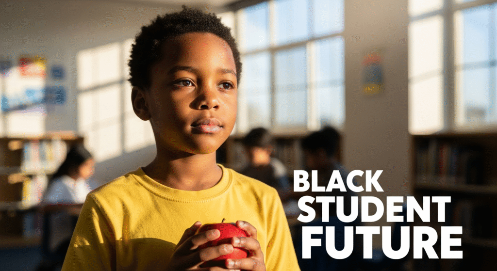 A photojournalistic style image of a young Black student, around 10 years old, with a thoughtful and resilient expression, looking slightly off-camera. The child is the central focus, standing prominently in a bright, modern school library, with soft, warm daylight streaming in from a large window, creating artistic highlights and subtle shadows. The background is softly blurred with hints of colorful books and diverse students, enhancing the shallow depth of field. The child wears a vibrant yellow shirt. A single, brightly colored red apple is held gently in their hands, symbolizing potential. The mood is reflective and hopeful, yet subtly vulnerable. Composed using the rule of thirds, with the child's eyes on an upper intersecting point, filling the entire canvas. The bold, dramatic text "Black Student Future" is integrated into the lower third of the image in a clear, impactful white font with a subtle dark outline for legibility. Shot with a professional digital SLR and an 85mm f/1.8 prime lens.