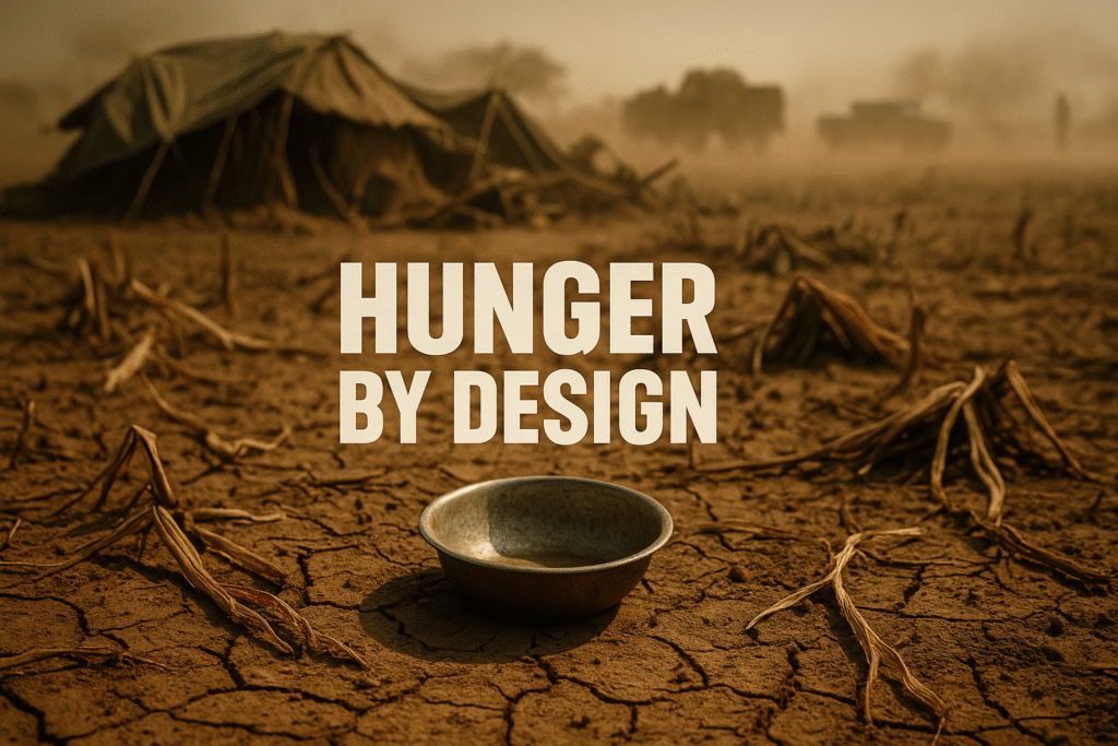 A cracked and barren field stretches under a haze of dust and smoke, withered stalks of maize scattered across the bronze soil. In the foreground, an empty metal bowl catches a shaft of white sunlight, symbolizing abandonment and loss. Collapsed huts covered in olive tarps and faint silhouettes of military trucks blur in the distance beneath the words “HUNGER BY DESIGN.”