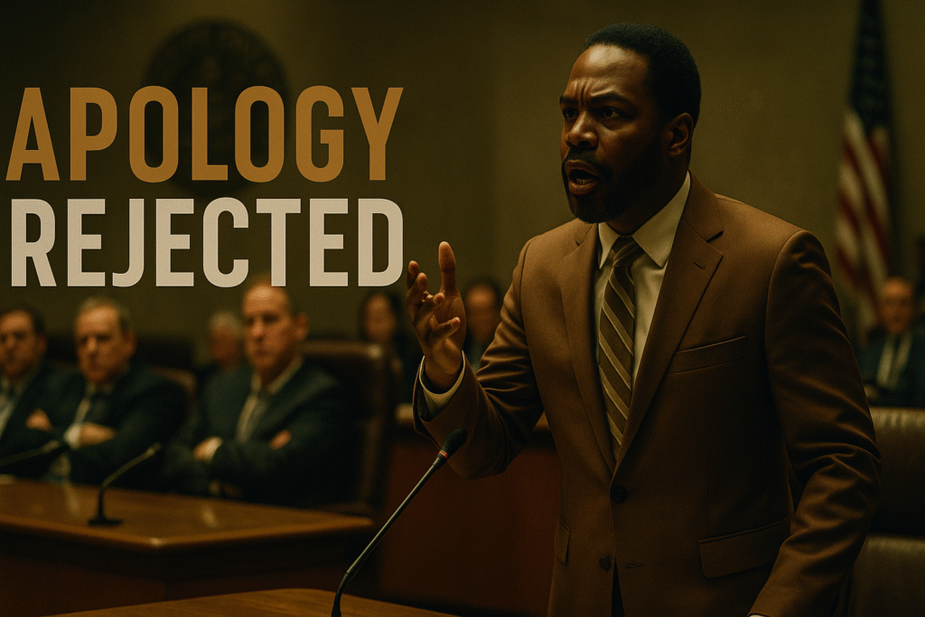 A Black Chicago alderman stands in tense confrontation during a city council meeting, his bronze suit illuminated by cold overhead light as white colleagues look away in discomfort. The blurred Chicago seal and American flag in the background symbolize the nation’s denial of historical responsibility.