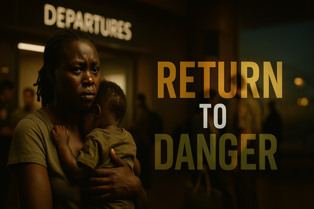 A South Sudanese mother clutches her young child at a dimly lit U.S. airport terminal under a glowing “DEPARTURES” sign. Her face, a mix of fear and heartbreak, captures the human cost of deportation as she prepares for an uncertain return to a nation still torn by conflict.