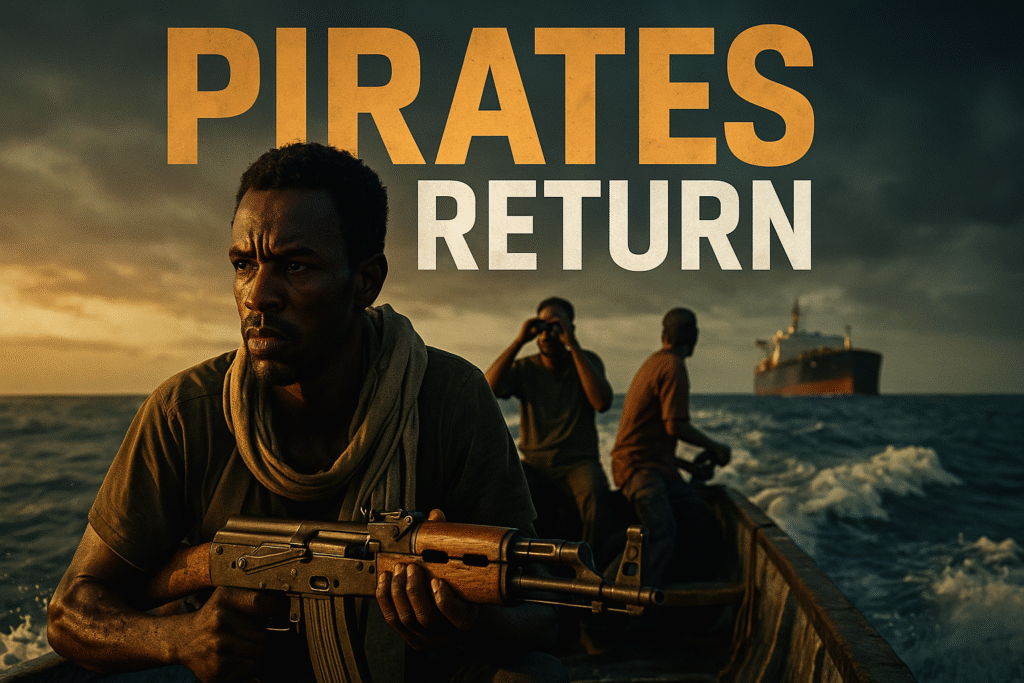 A Somali pirate grips an AK-47 aboard a speeding skiff at dawn, his face illuminated by bronze sunrise light as two crewmates scan the horizon toward a distant cargo ship. The image captures tension, desperation, and human complexity against stormy seas and fading skies.